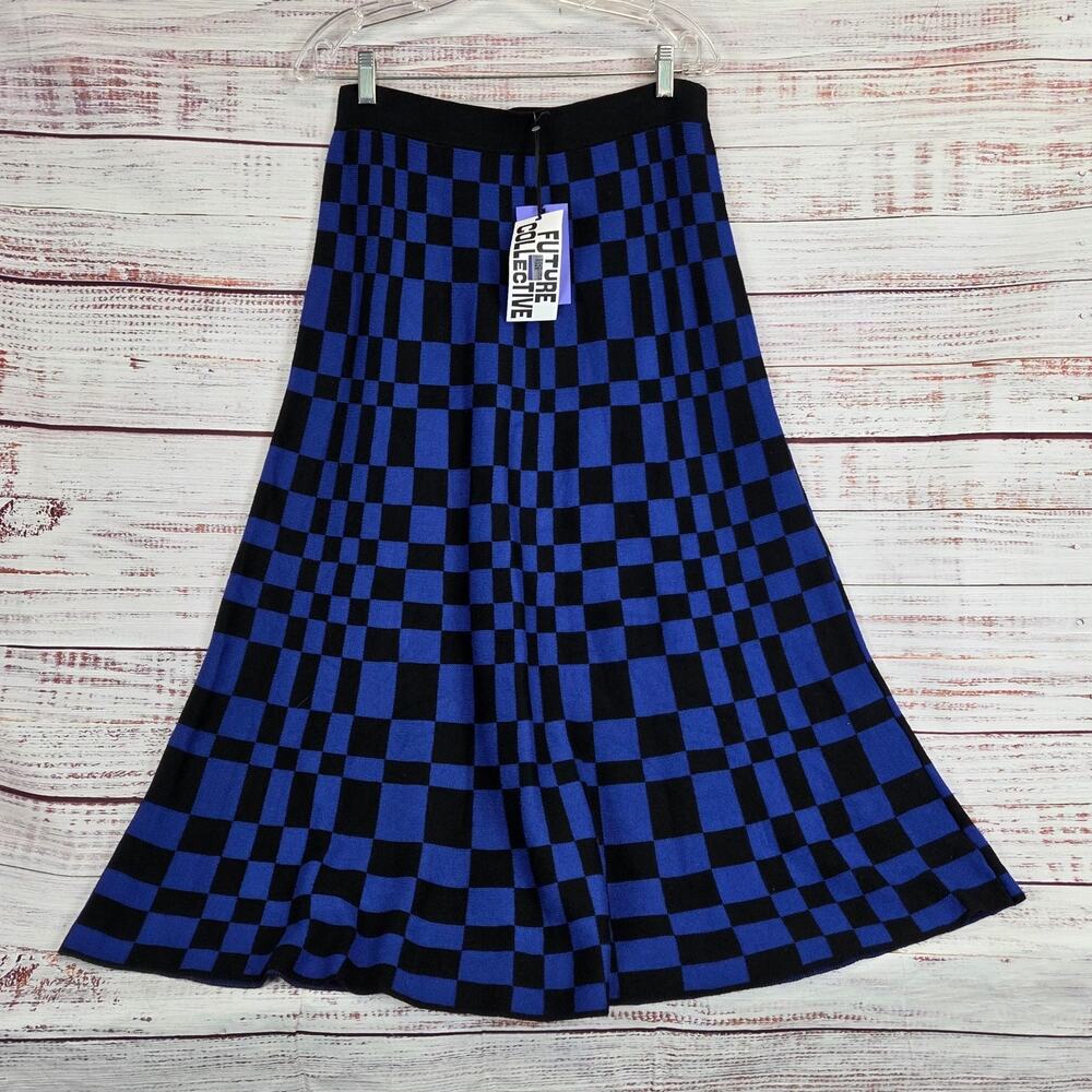 Future Collective Stretch Aline Midi Skirt M Black Blue Check Plaid Party NWT - Picture 2 of 12